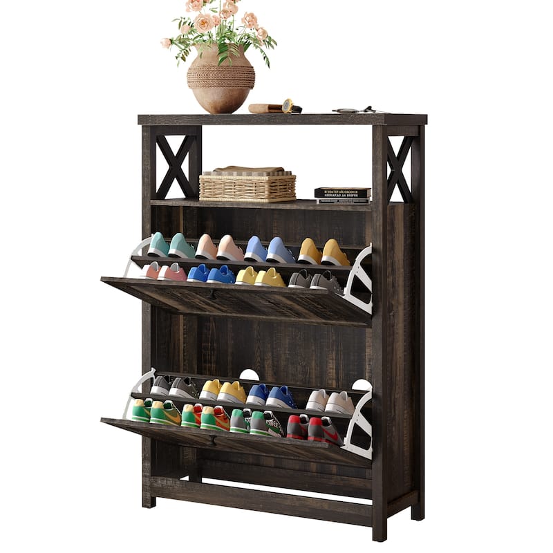 Moasis Shoe Storage Cabinet Organizer with 2 Compartments for Entryway Hallway - Dark Oak