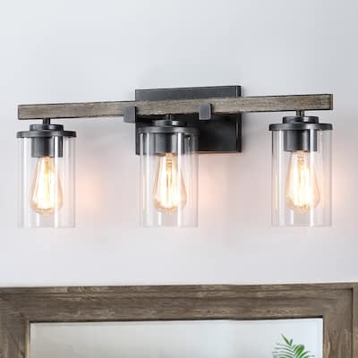 22 in. 3-Light Natural Iron and Distressed Faux Wood Industrial Farmhouse Bathroom Vanity Light with Clear Glass Shades - 22"L