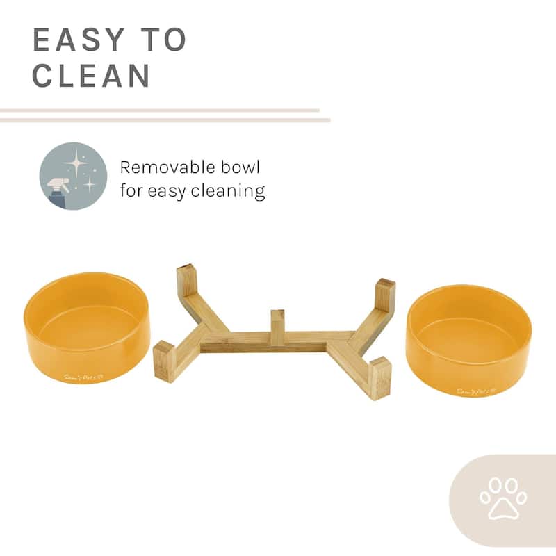 Coco Dual Pet Bowl with Wood Stand 5.11'' in Yellow - 10.8