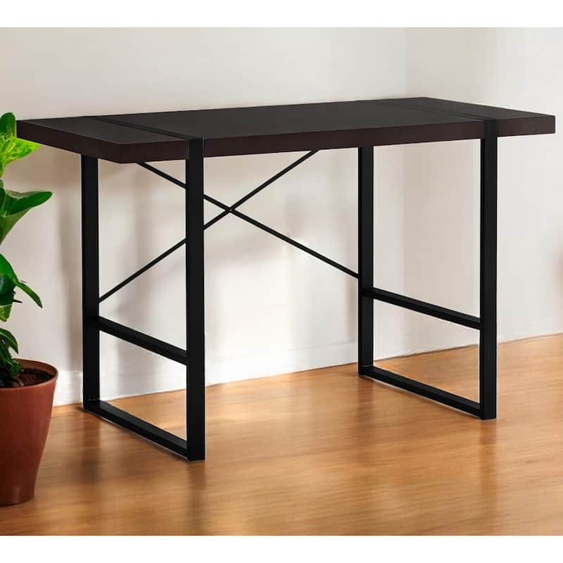 Wood Veneer Computer Desk with Black Metal Base and Rectangular Shape