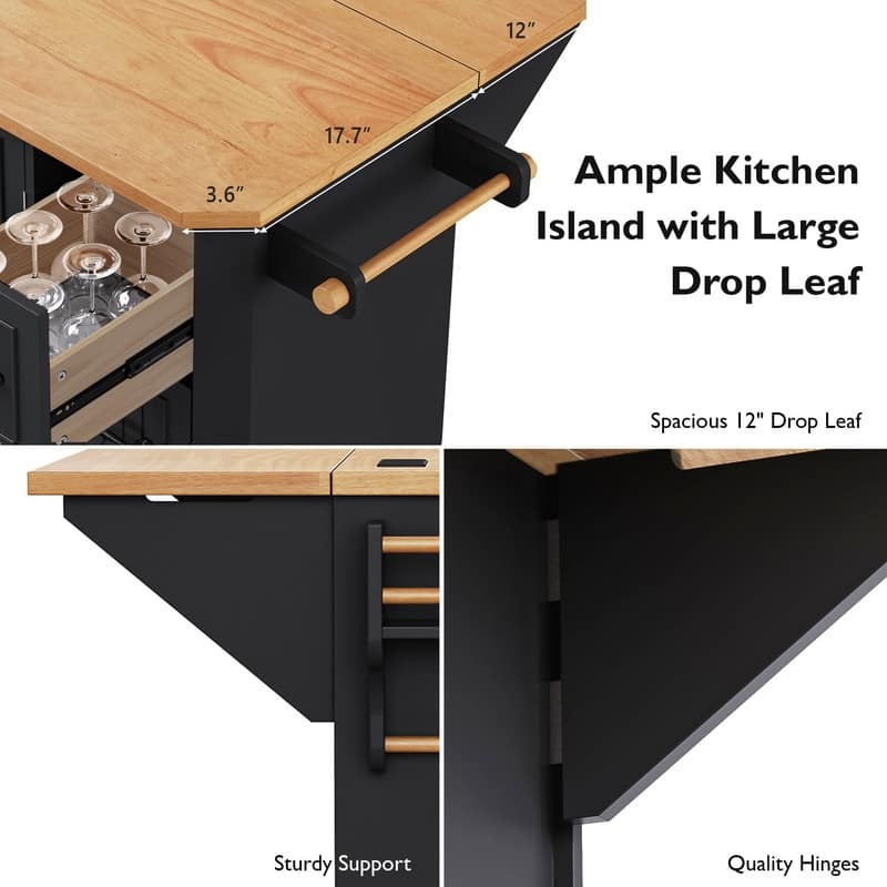 Kitchen Island with Drop Leaf,Features Power Outlet and Ample Storage