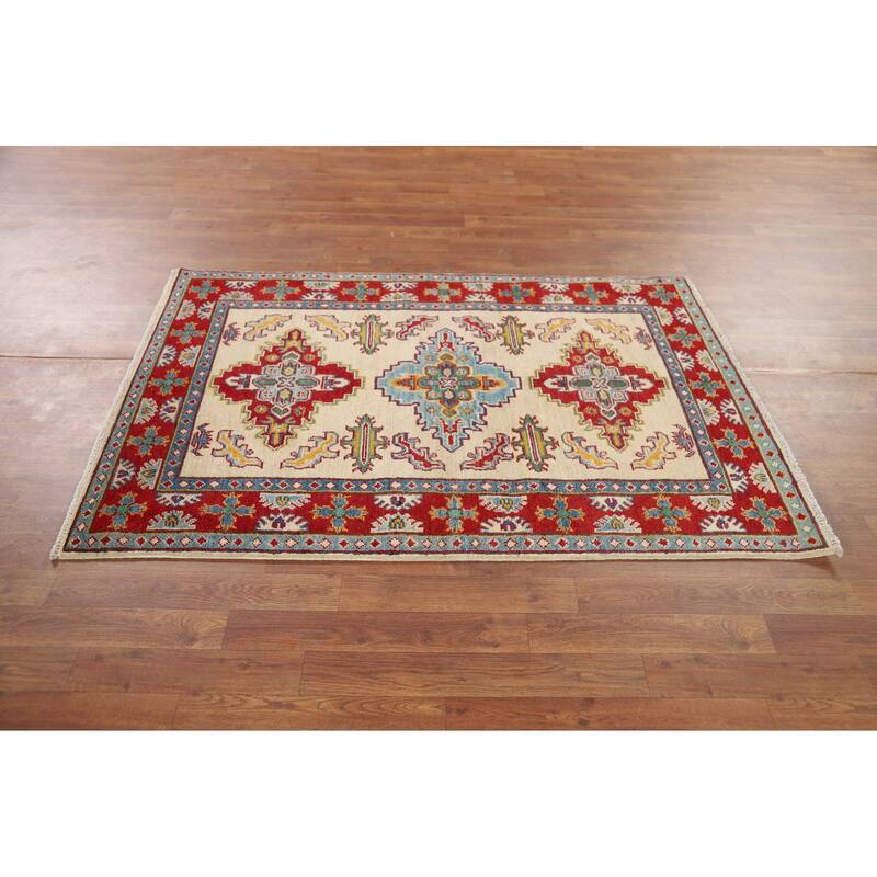 Ivory Geometric Kazak Oriental Accent Rug Handmade Wool Carpet - 3'7" x 5'2"