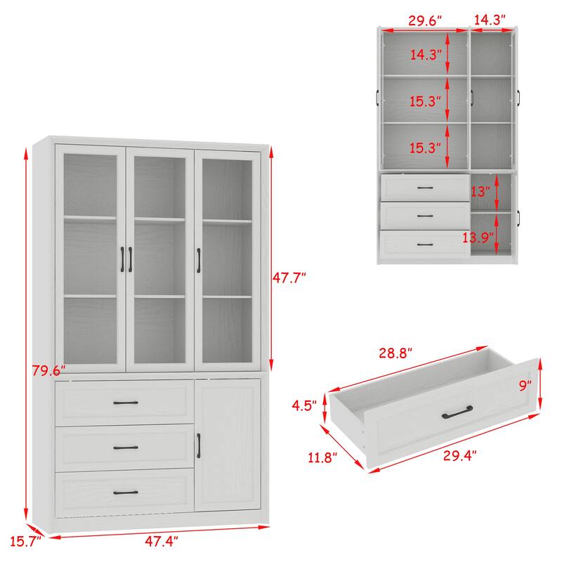 79.6"H Display Bookcase Pantry Cabinet Sideboard with Tempered Glass Doors White/Brown