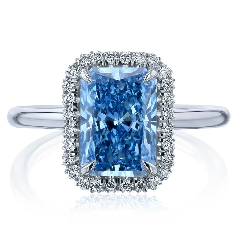 Kobelli 3 Carats Vivid Blue Diamond 14k Solid Gold Double Halo Radiant Aomori Ring (Certified) - White - 7.5
