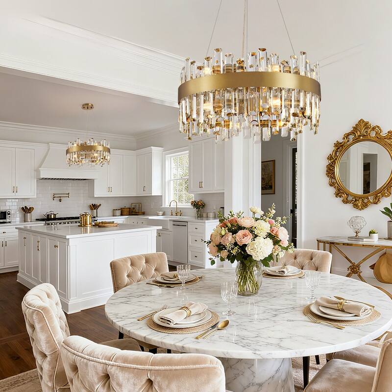 19.7'' Modern Crystal Chandelier Brass Gold Round 12-Light 2-Tier Luxury Crystal 19.7'' Raindrop Chandelier for Dining Room