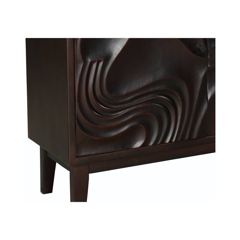 HomeRoots 80" Dark Brown Solid Wood Carved Abstract Sideboard with Four Doors - 80.00 in. x 36.00 in. x 16.00 in.
