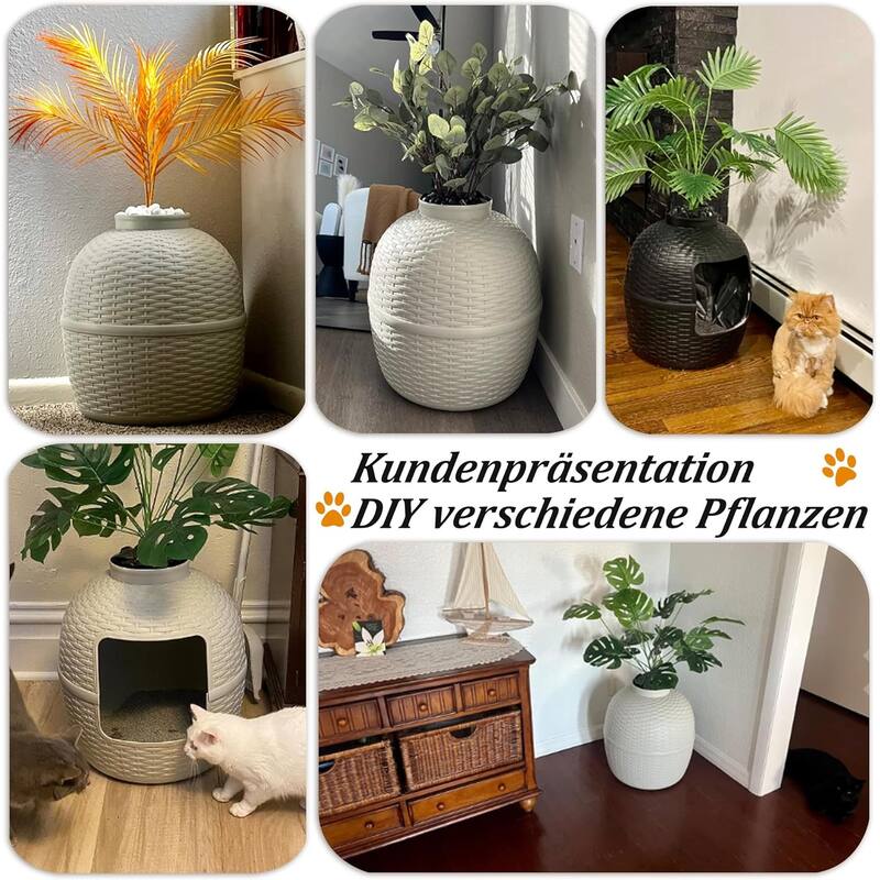Hidden Litter Box with Faux Plant & Rattan Pattern, Large Cat Enclosure