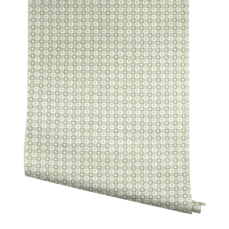 Rifle Paper Co. Daisy Gingham Green Floral Check Premium Peel + Stick Wallpaper
