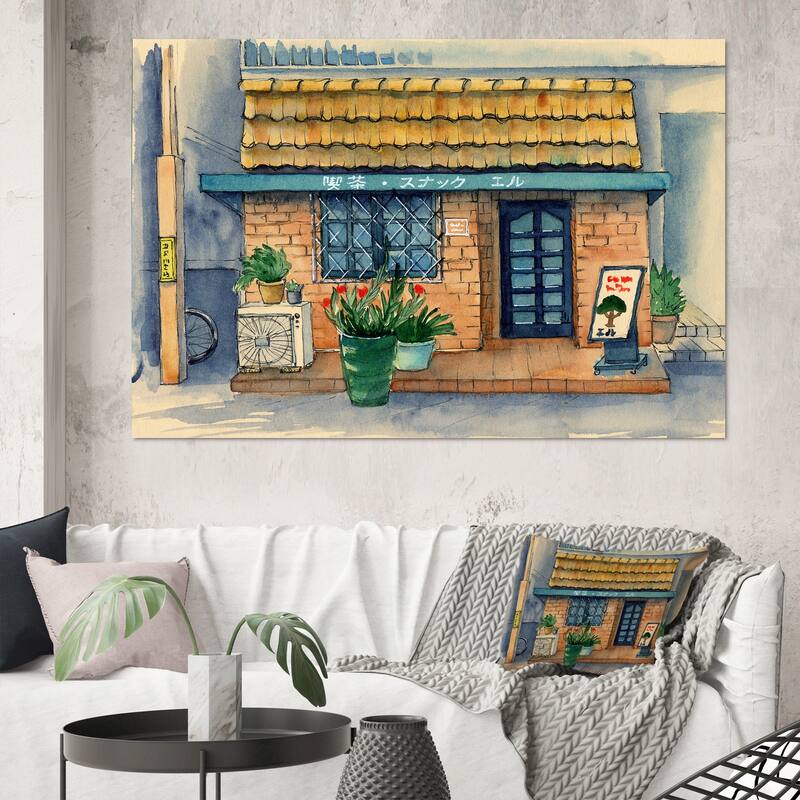 Designart "Small Asian Cafe Under A Tiled Roof" Industrial Canvas Wall Art Print - 60 in. wide x 40 in. high