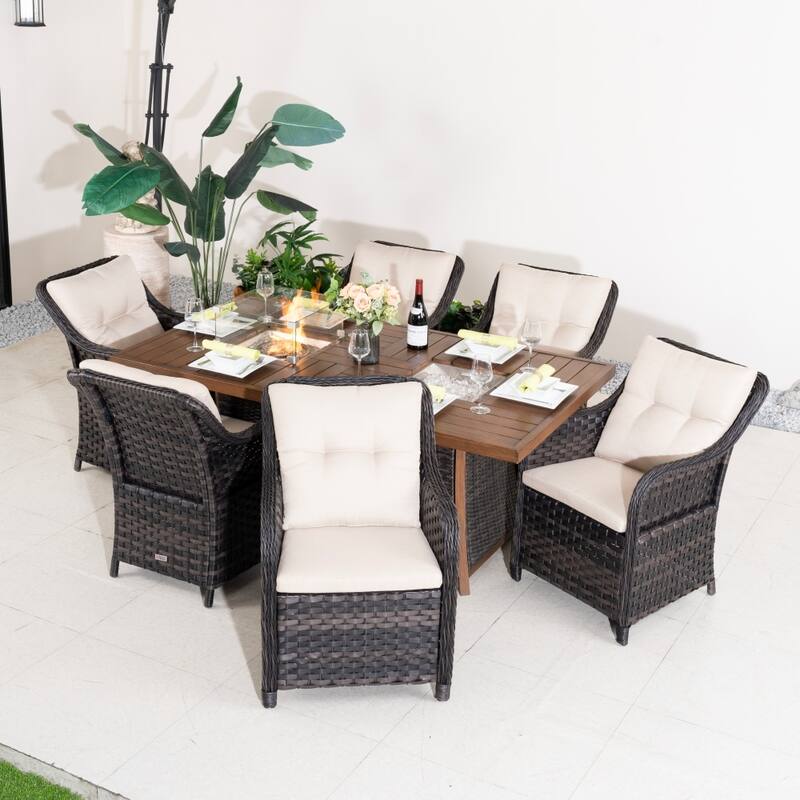 Outdoor 7-piece Furniture Set with Aluminum Fire Pit Table and Ice Bucket - Brown