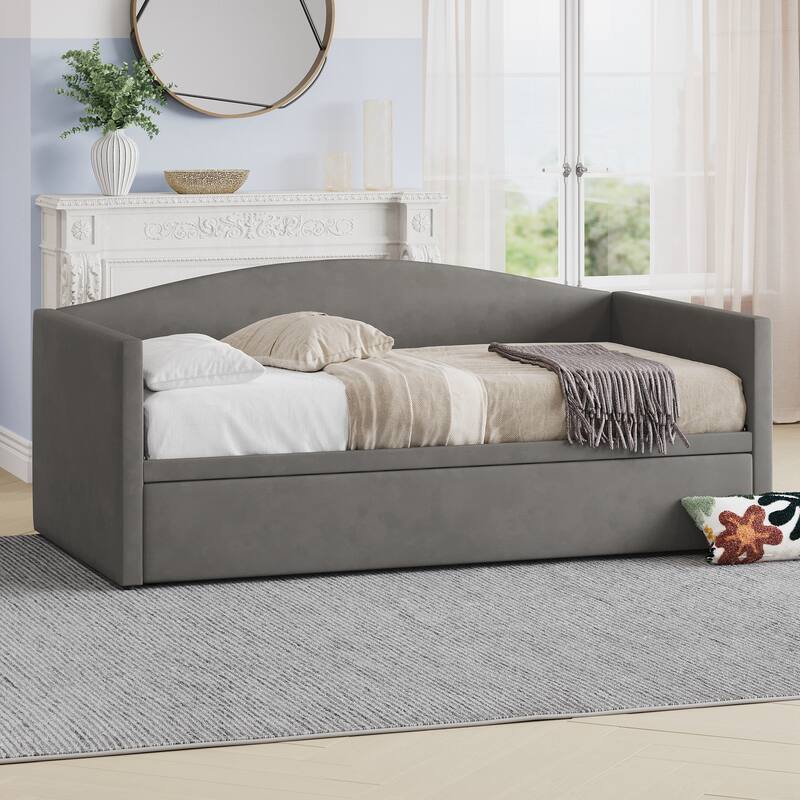 Twin Size Daybed with Extended Pop Up Trundle, Upholstered Sofa Bed Daybed