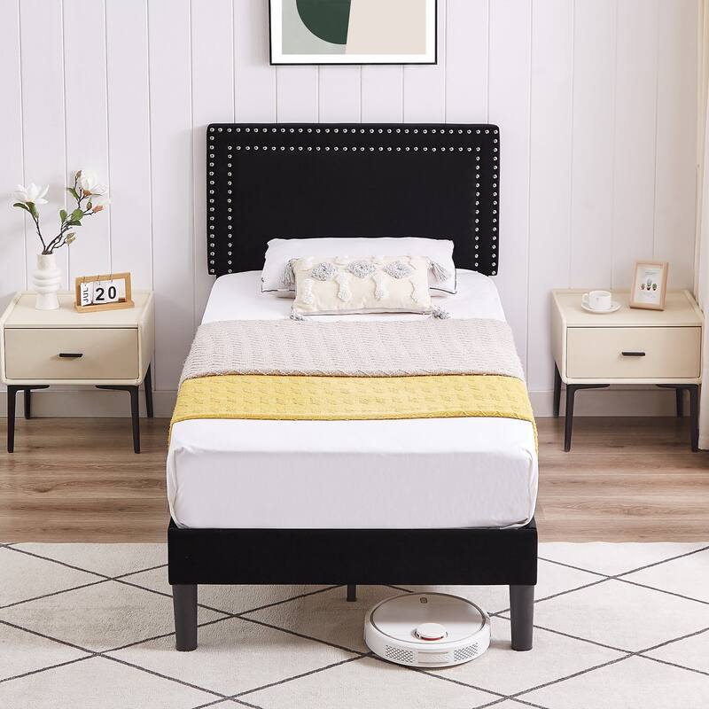 Upholstered Platform Bed Frame with Adjustable Headboard, Velvet Nailhead Trim, No Box Spring Needed