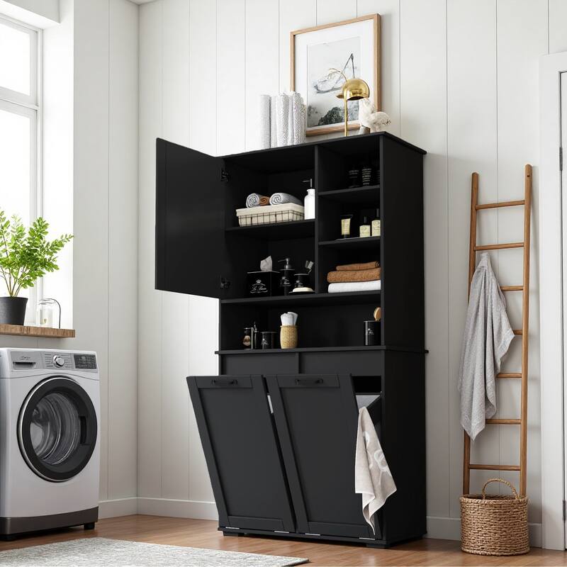 Tall Bathroom Storage Cabinet with Doors and shelf, Freestanding Bathroom Cabinet, Tilt-Out Laundry Hamper
