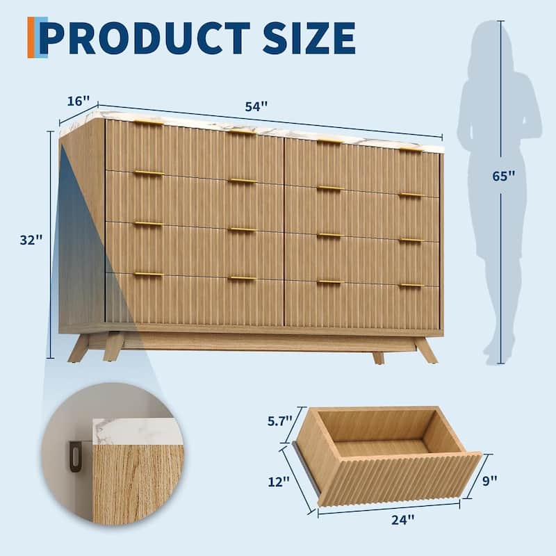 54" Wide Modern Curved Profile Fluted Dresser with 8 Drawers