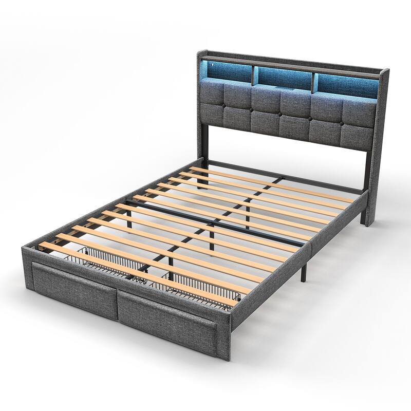 King Size Upholstered Platform Bed with LED Lights, Charging Station & Storage Headboard, No Box Spring Needed