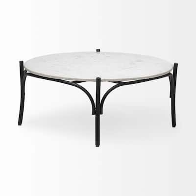 HomeRoots 36" Round White Marble Top Black And Metal Base Coffee Table - 36