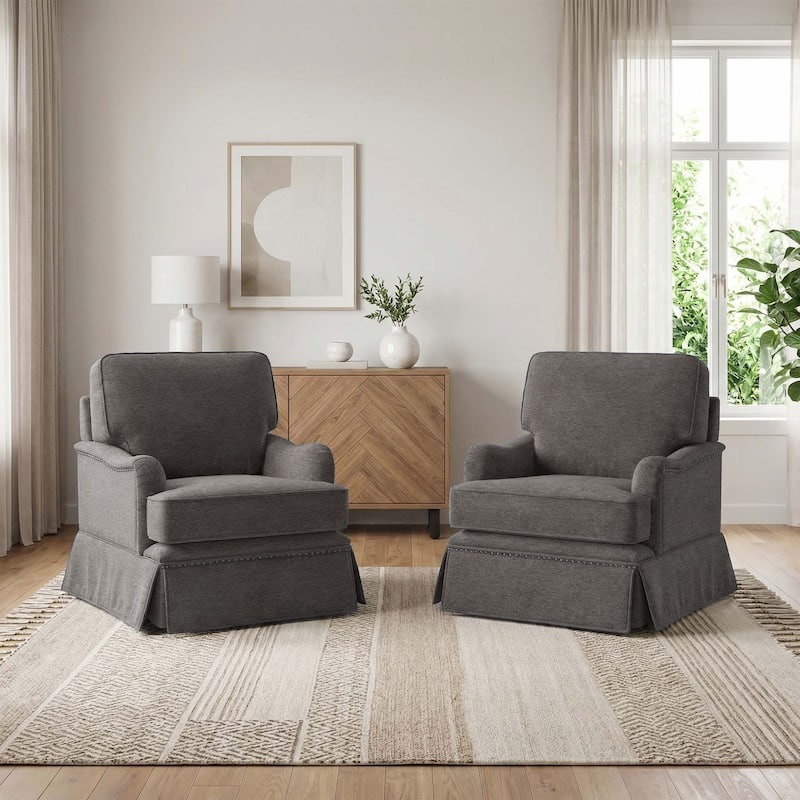 Set of 2 Chenille Swivel Accent Chair with Nailhead Trim Skirt - Tan