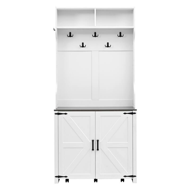 Farmhouse 4-in-1 Hall Tree with Barn Doors, Movable Bench with 7 Hanging Hooks and Shoe Storage Cabinet
