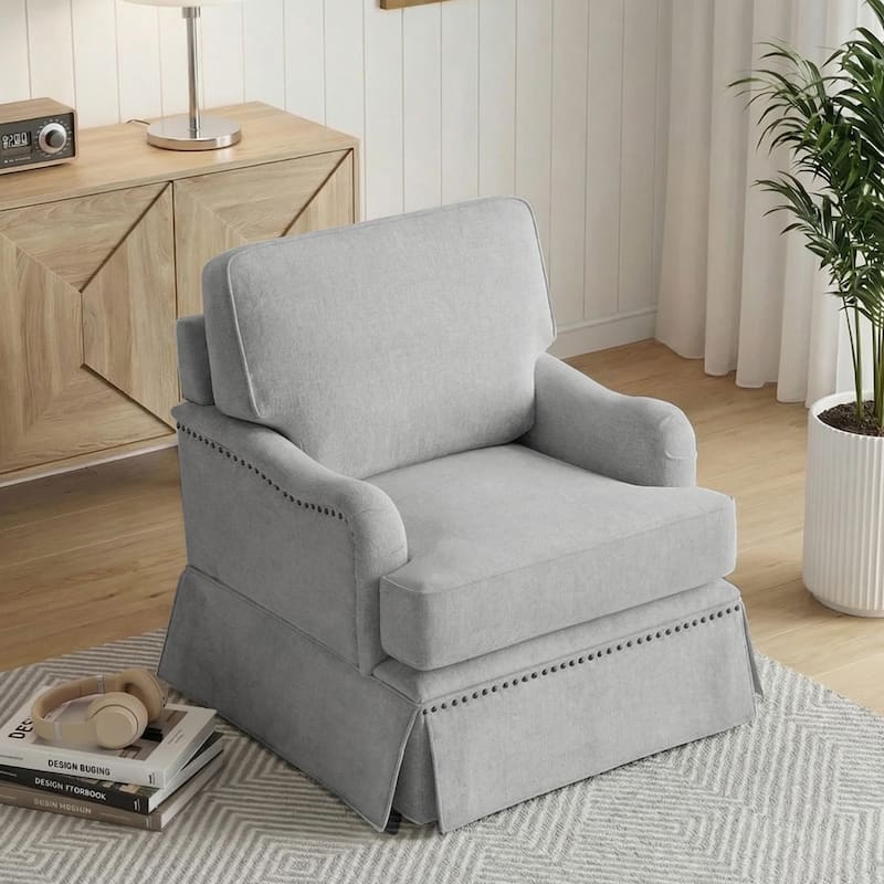 Modern Chenille Swivel Armchair Storage Ottoman - Single Chair - Ash Grey