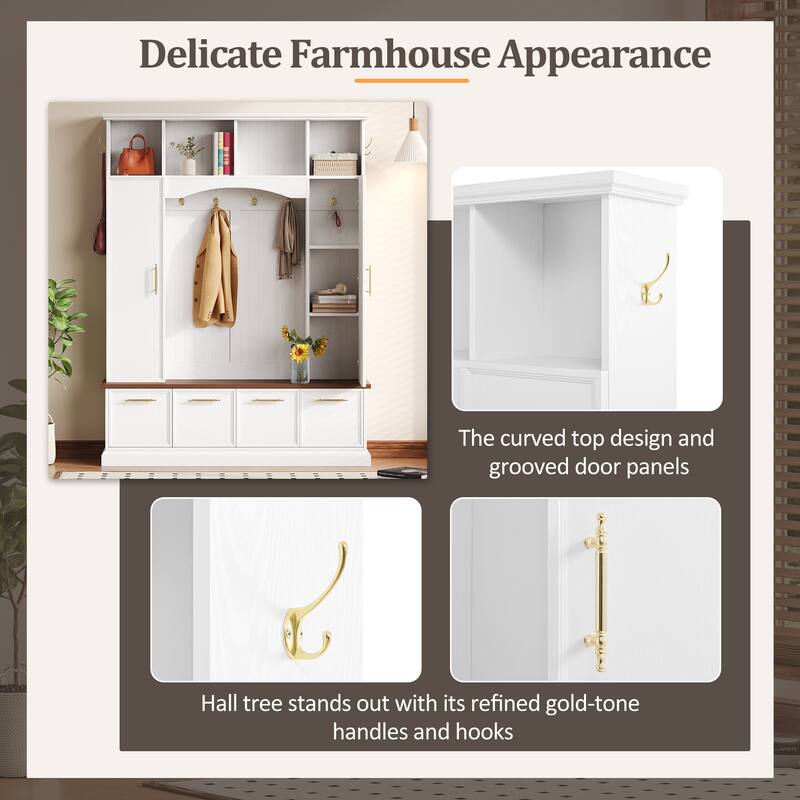 4-IN-1 Elegant 59" Wide Hall Tree with Golden Hooks & Handles, Practical Entryway Bench with Adjustable Shelves