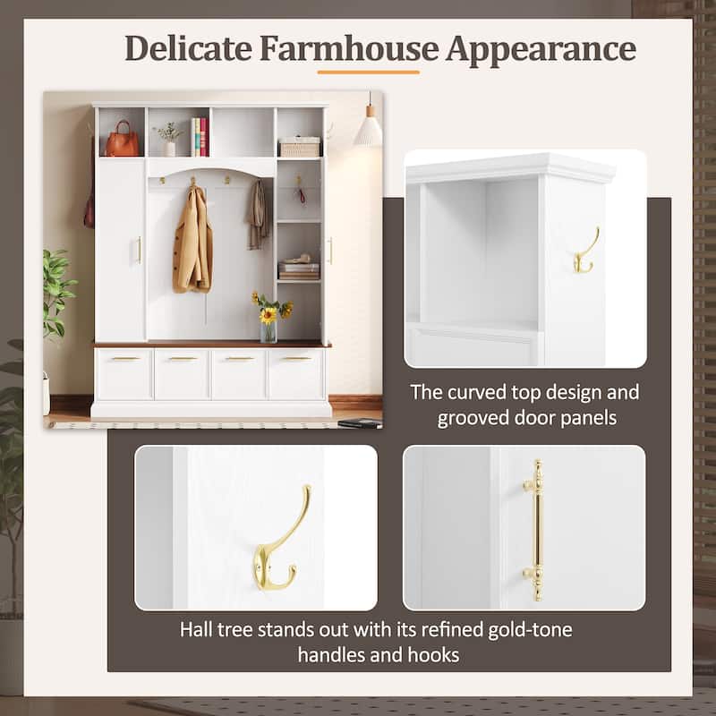 59 in Farmhouse Hall Tree with Golden Hooks & Handles, Walnut Bench, Adjustable Shelves, 76.7 in H Entryway Organizer