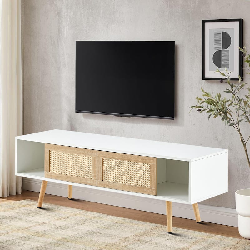 Modern Farmhouse Style Wooden TV Stand with Two Rattan Woven Sliding Doors - White+Natural