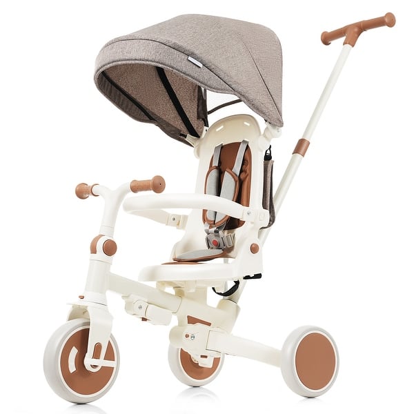 slide 2 of 14, 7 in 1 Baby Tricycle, Foldable Toddler Tricycle with Removable and Adjustable Parent Handle ivory and brown Ivory