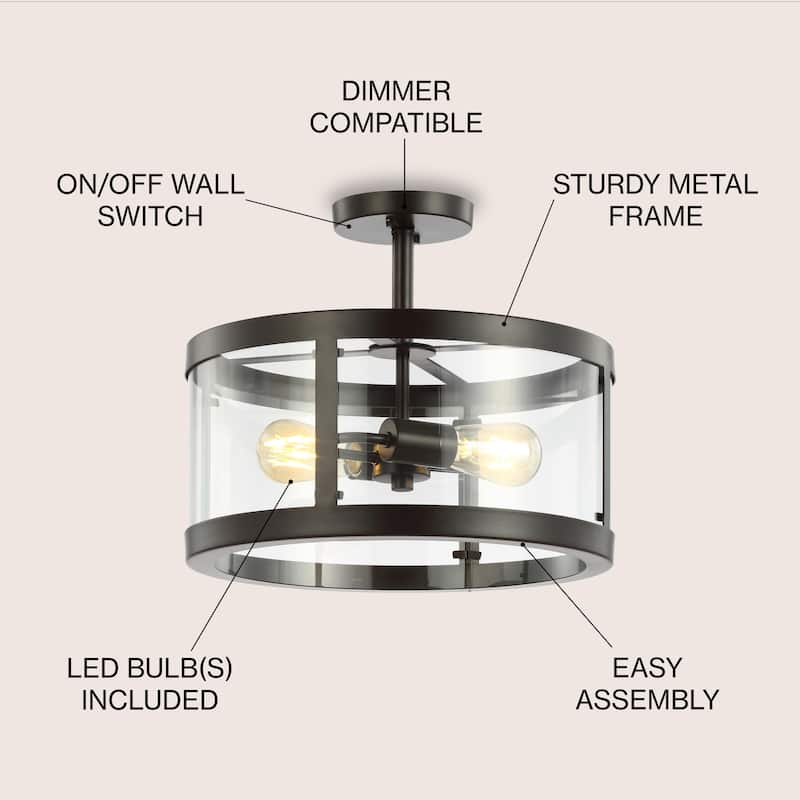 Selema 2-Light Iron/Glass Modern LED Flush Mount, by JONATHAN Y