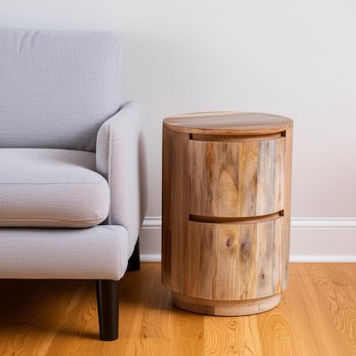 HomeRoots 24" Natural Solid Wood Round Drum End Table With Two Drawers - 18 in. x 24 in. x 18 in.