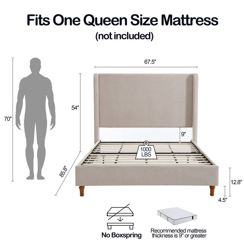 Queen Size Upholstered Wingback Bed with 54" Headboard, Textured Ivory Canvas, Elegant Design