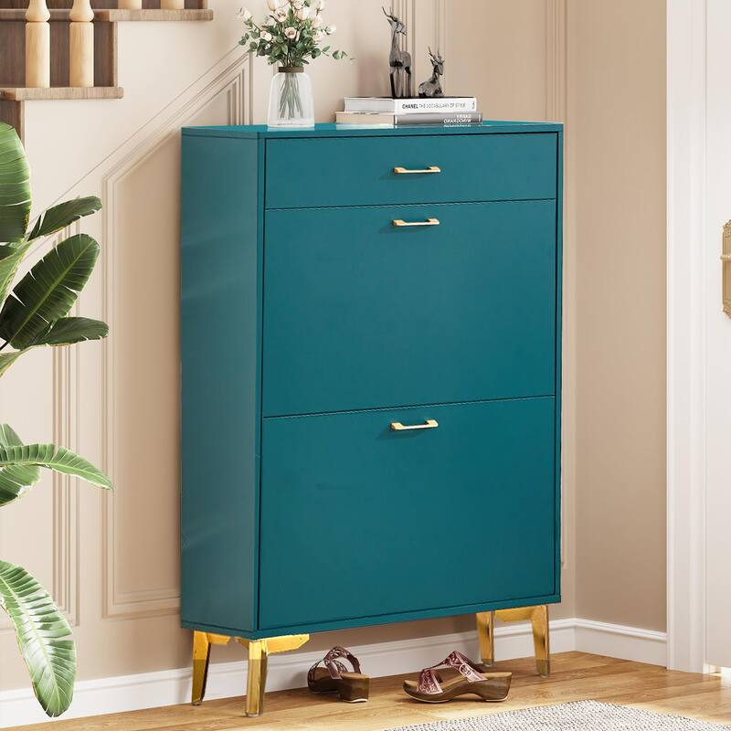 Freestanding Shoe Cabinet for Entryway, with 2 Flip Doors and Drawer - 32'W x 10''D x 43''H
