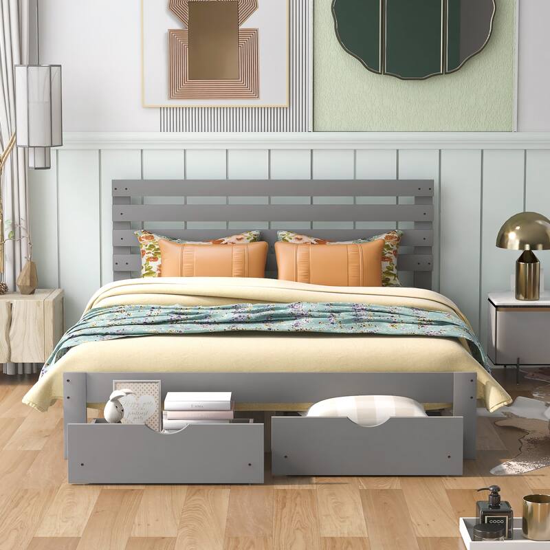 Modern Gray Queen Size Platform Bed with Drawers Solid Pine Wood and MDF Construction, Extra