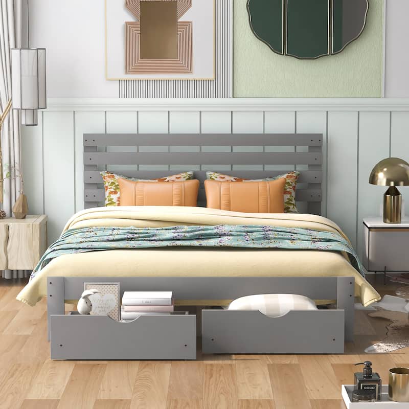 Queen Size Platform Bed with 2 Drawers, Solid Wood Slat Support