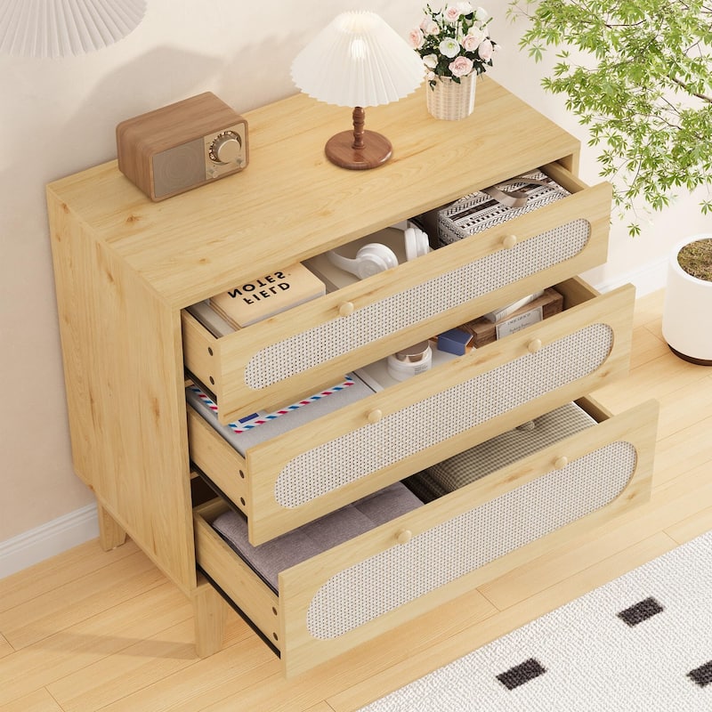 Rattan Drawer Dresser, 3 Wood Drawers Storage Cabinet Dresser for Bedroom, Living Room,Hallway