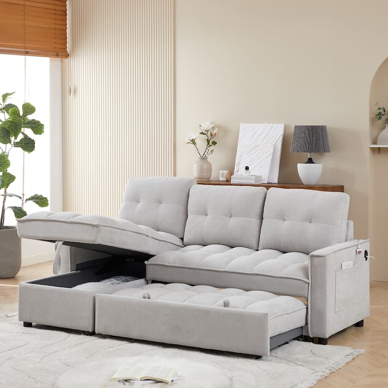 78.75" Reclining Pull-Out L-Shaped Sectional Sofa with USB, Storage, Pocket, LIGHT GREY Chenille