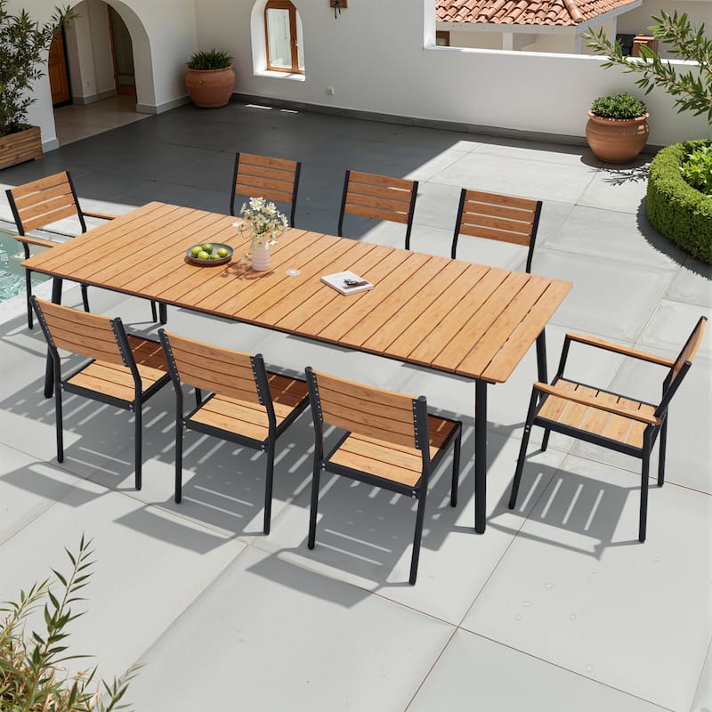 VredHom 7/9-Piece Outdoor Patio Aluminum Dining Table with Stackable Chairs Umbrella Hole
