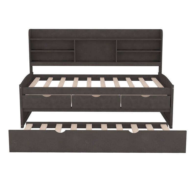 Twin Size Wooden Captain Bed with Builtin Bookshelves,Three Storage