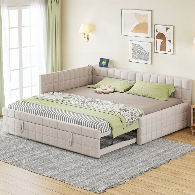 Upholstered L-Shaped Upholstered Daybed with Twin Size Pop Up Trundle and USB ports - Beige - Full
