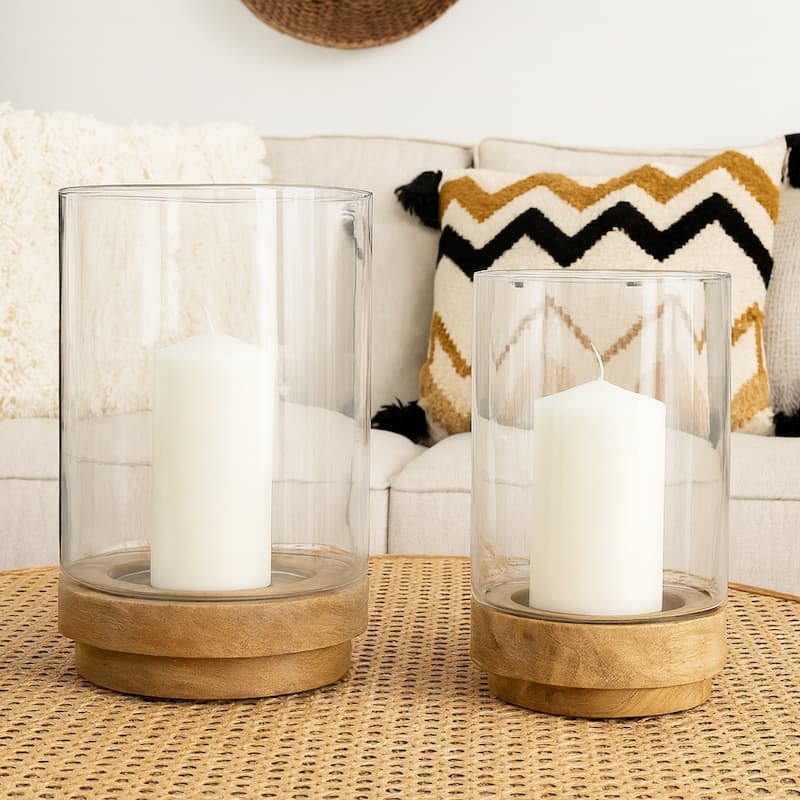 Glass and Wood Candle Stands for Pillar Candles - Set of 2, 9" & 11" Natural