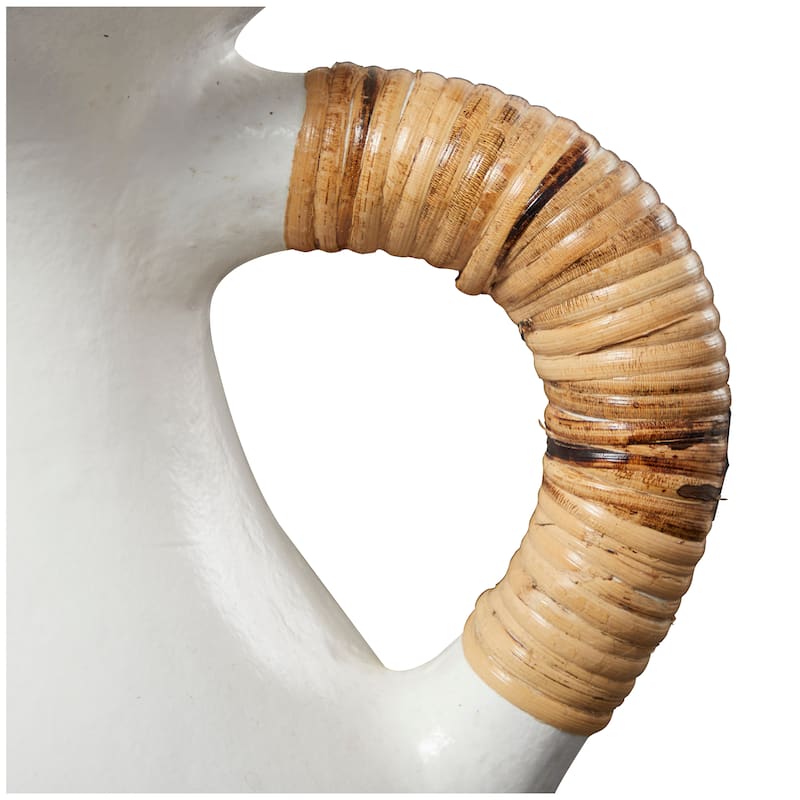 White Ceramic Jug Inspired Decorative Vase with Rattan Wrapped Handles - 14"W, 21"H