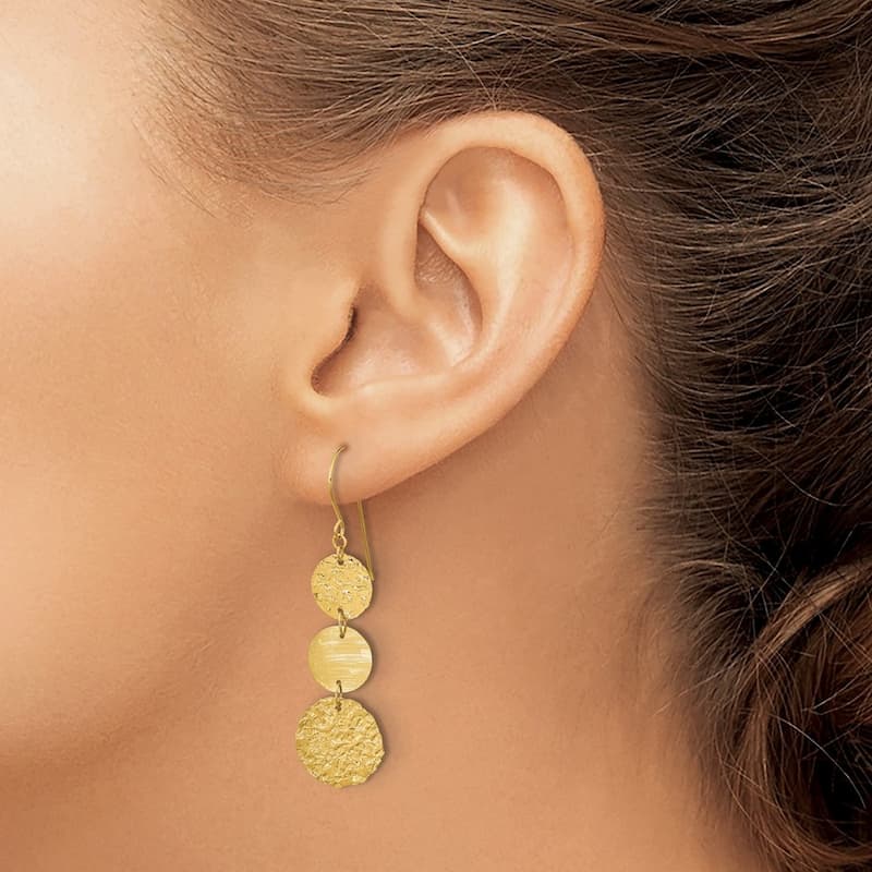 Curata 14k Yellow Gold Textured 3 Tier Circle Drop Dangle Earring - 44x12mm