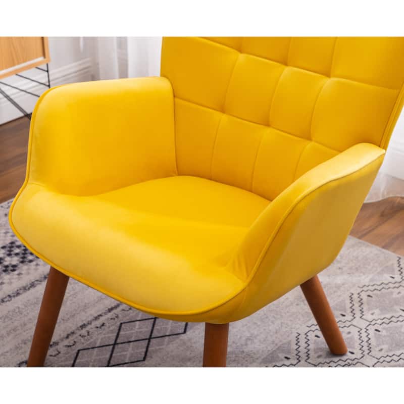 Leisure Chair Ottoman Set Office Chair, Stylish Velvet Upholstered Reception Chair Vanity Chair with Wooden Frame, Yellow