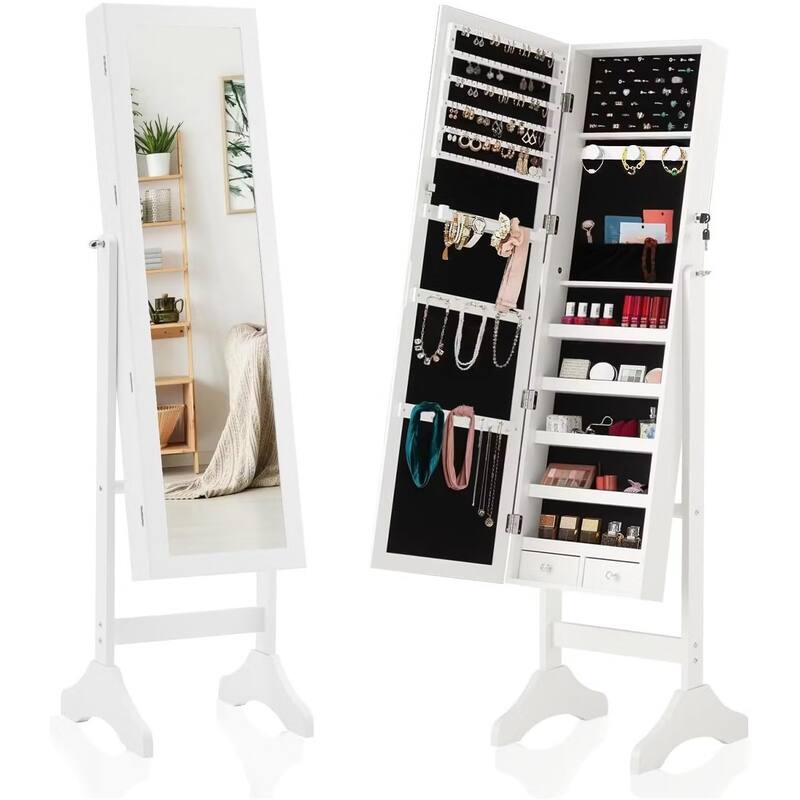 Jewelry Armoire Organizer with Full Length Mirror, Floor Standing Jewelry Cabinet, Lockable Jewelry Storage Box Cabinet - White