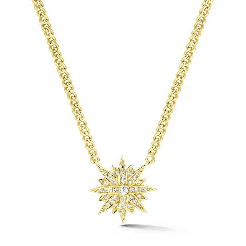 Soleil Sterling Silver Cubic Zirconia Starburst Curb Chain Necklace - Yellow