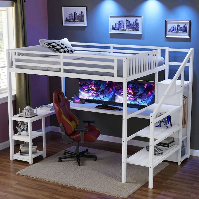 Metal Queen Loft Bed with Wardrobe, L-Shaped Desk, USB Charging Ports and LED Light, Space-Saving Loft Bed for Adults and Teens - White - Queen