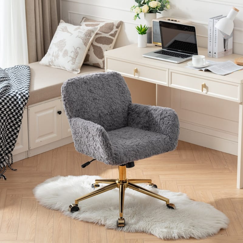 GDF Studio - Modern Upholstered Swivel Home Office Chair with Golden Metal Base and Artificial Rabbit Hair Comfort - Gray