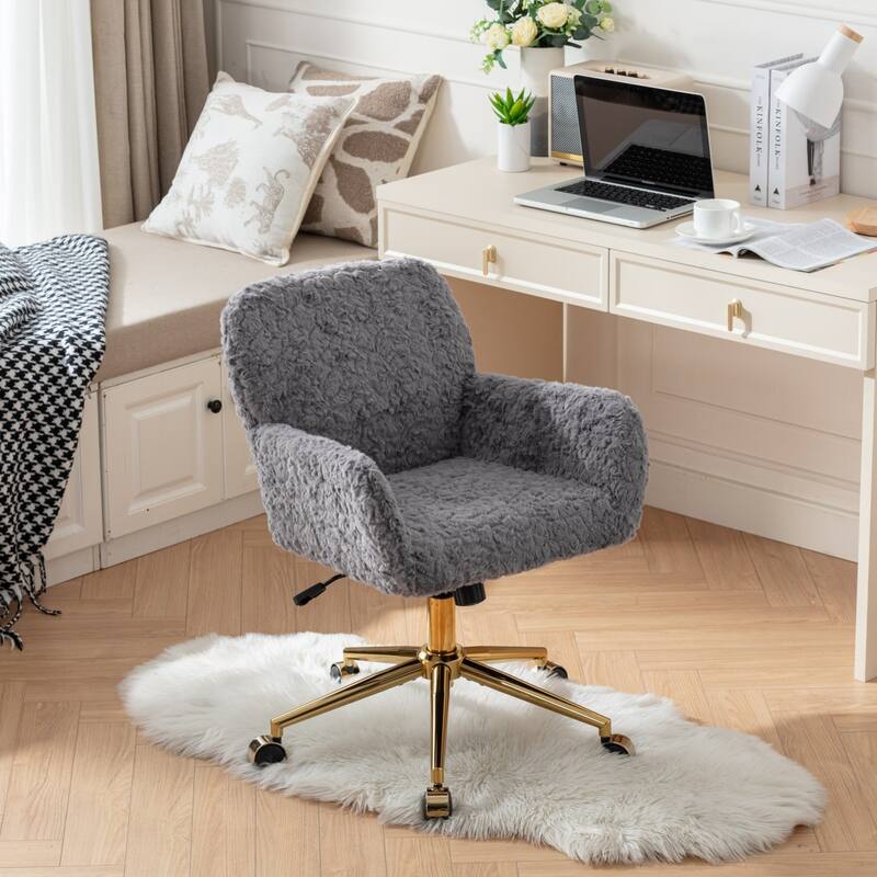 Roomfitters Faux Fur Office Chair, Adjustable Swivel Desk Chair with Gold Metal Base, Modern Vanity Accent Chair
