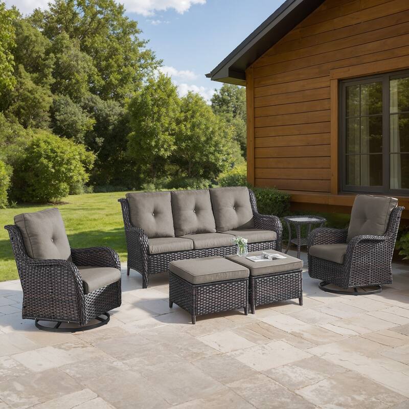 Gymojoy 6-Piece Outdoor Wicker Patio Set with Swivel Rockers, 3-Seater Sofa & Ottomans
