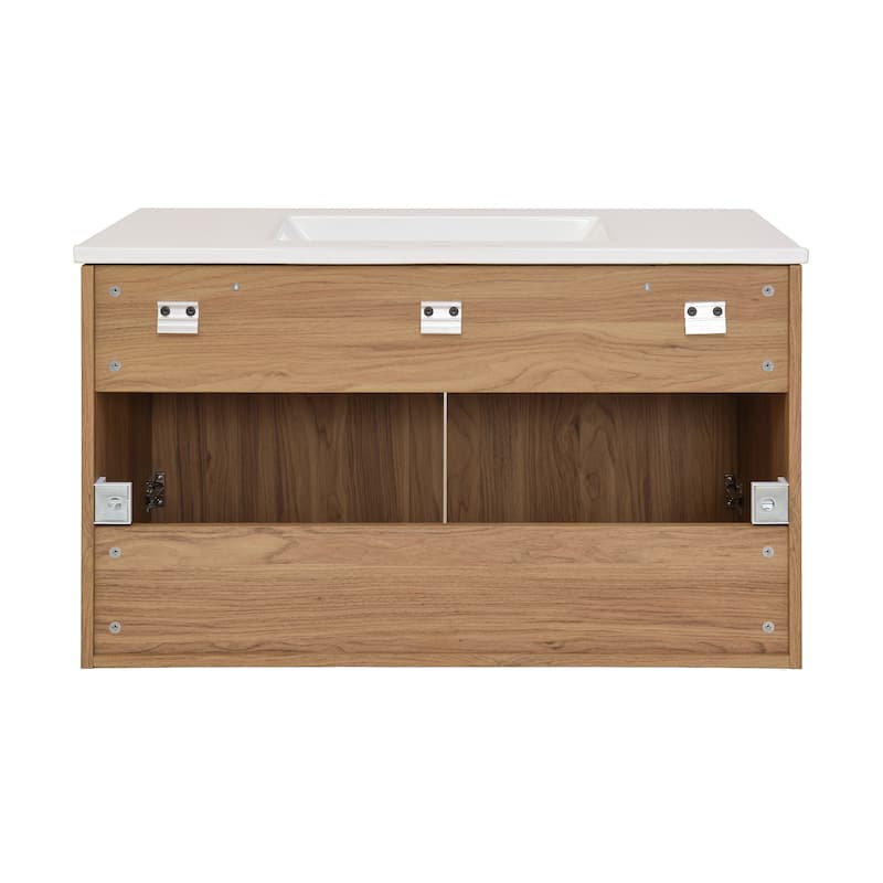 Classe 36 In. Brown Oak Wall Hung Bathroom Vanity With White, 3-Hole Ceramic Sink Top