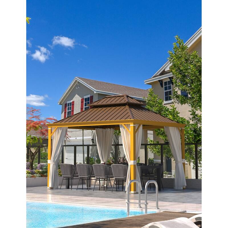EROMMY Hardtop Gazebo with Galvanized Steel Roof and Curtains, Outdoor Aluminum Pavilion for Patio, Backyard, Lawn